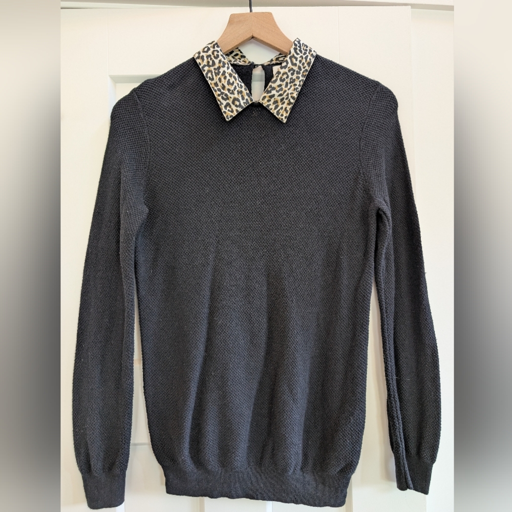 J.Crew Women's Black Knit Sweater with Leopard Print Collar